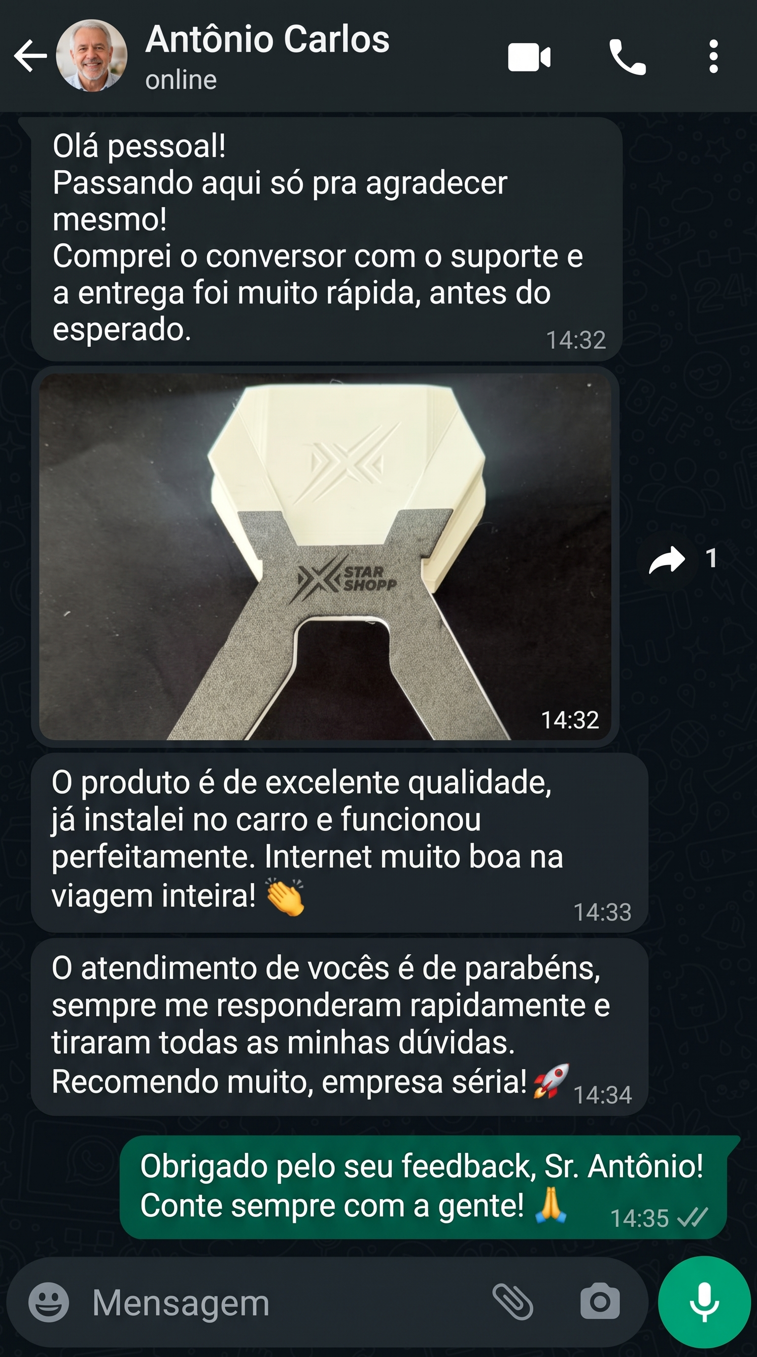 Depoimento de cliente da Star Shopp sobre qualidade e atendimento