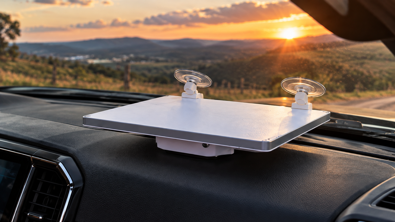 Starlink Mini instalada no carro com suporte Star Shopp durante uma viagem
