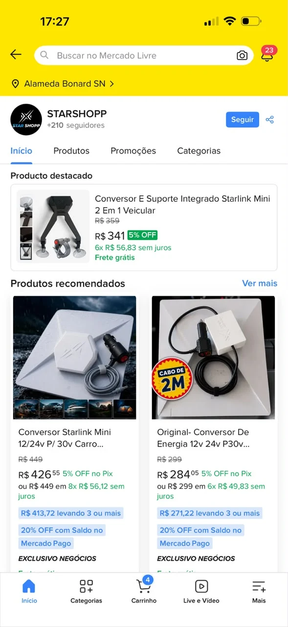 Página da Star Shopp no aplicativo do Mercado Livre